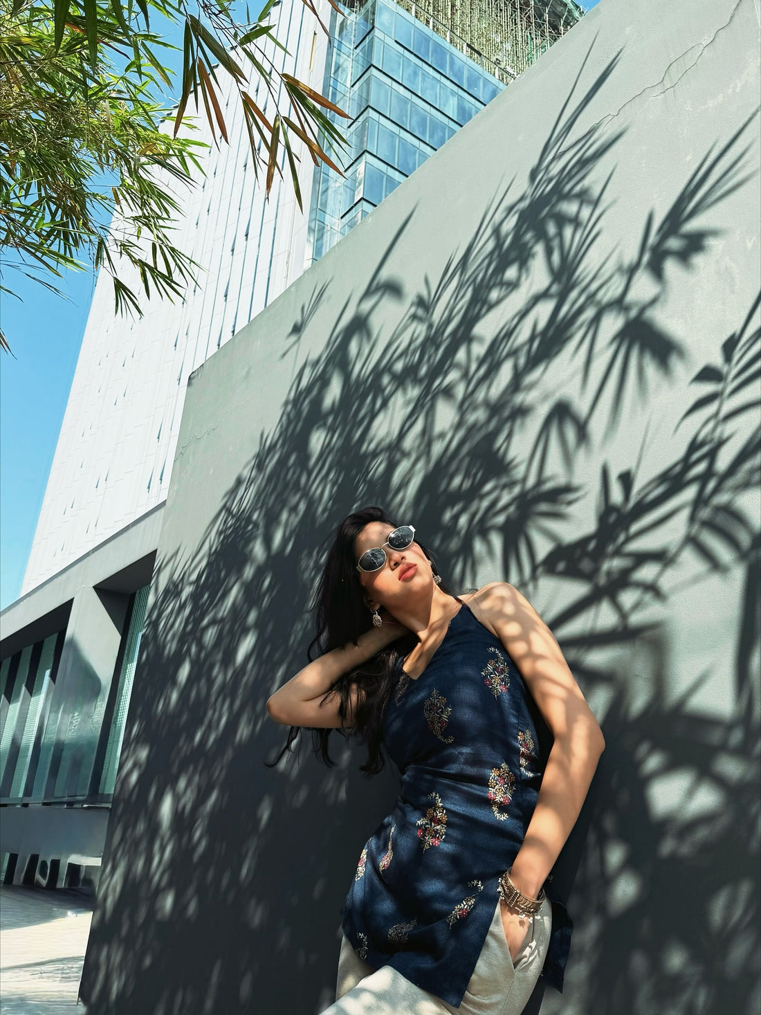 Navy Blue Sleeveless Floral Kurti